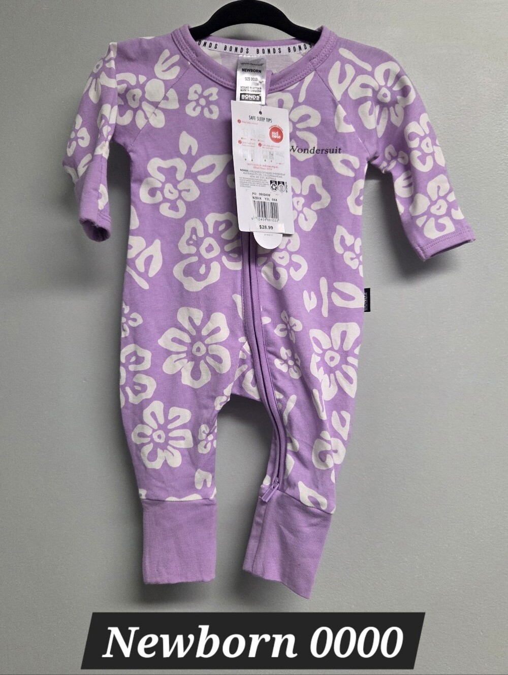 Bonds Wondersuit Floral Zip One-Piece in Lavender and White Newborn 0000